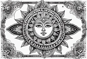 Mexican feminine alien Sun and moon. Freeform rectangular sternum swirls with dots and stars tattoo idea