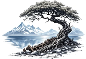 acacia tree with mountains and the ocean and a ship wreck tattoo idea