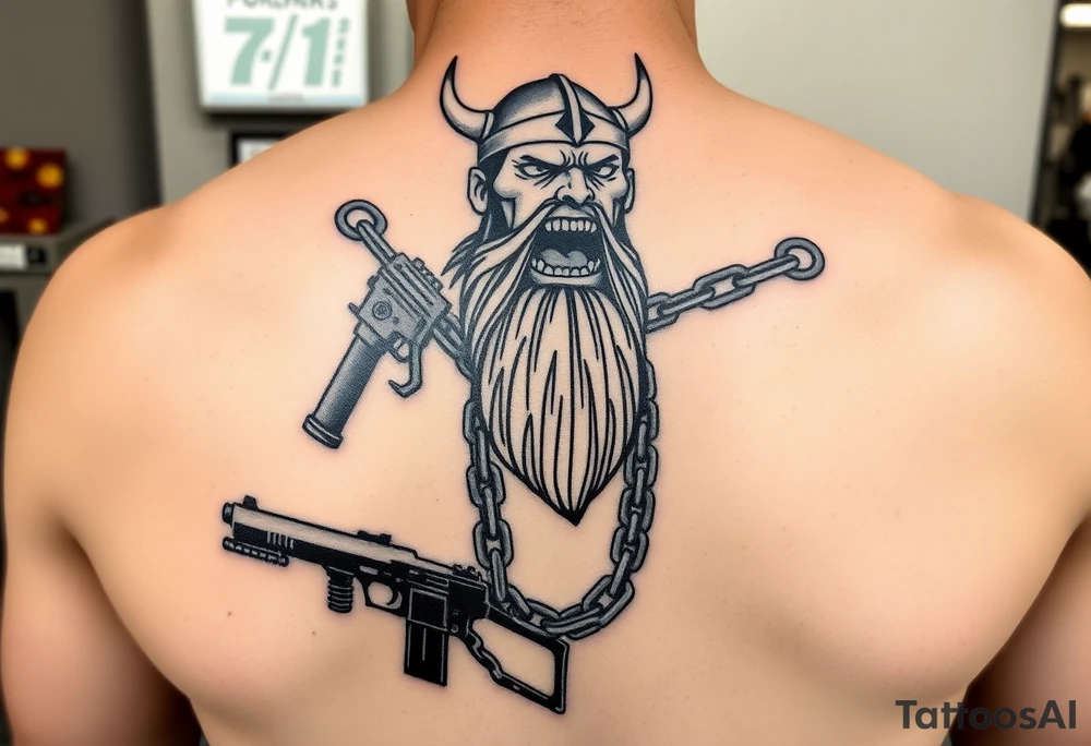 Someone standing in from of 7/11 with a gun and in the other hand is a chain with a Viking at the end of it he’s angry mouth open and giant teeth tattoo idea
