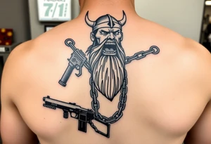Someone standing in from of 7/11 with a gun and in the other hand is a chain with a Viking at the end of it he’s angry mouth open and giant teeth tattoo idea