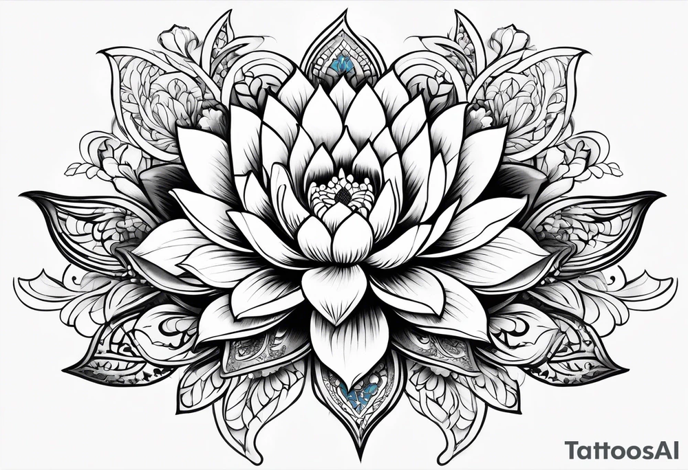 Floating lotus upper back with florals and henna to each shoulder tattoo idea