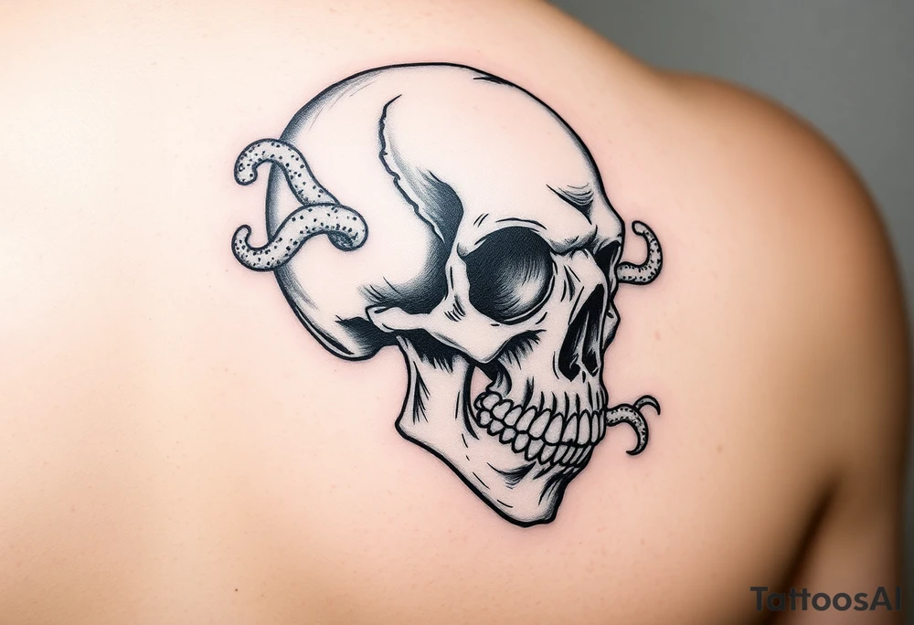 left side of a skull with fungus out of its eyes and mouth tattoo idea