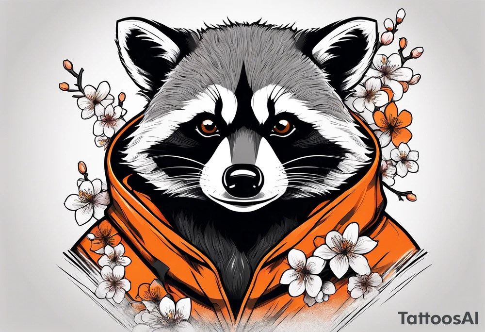 raccoon wearing a black and white Superman hoodie and orange Japanese cherry blossoms tattoo idea