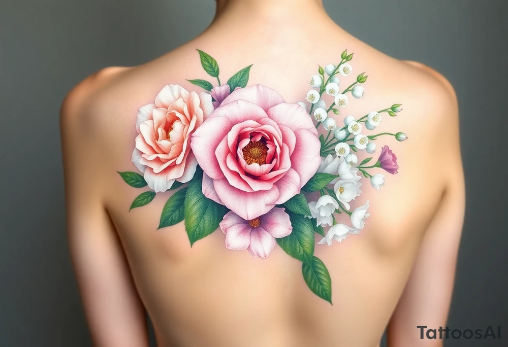 3d Bouquet of Carnation, Astor, Rose, Lily of the valley, Larkspur with realistic, low tone pastel colors with no black tattoo idea