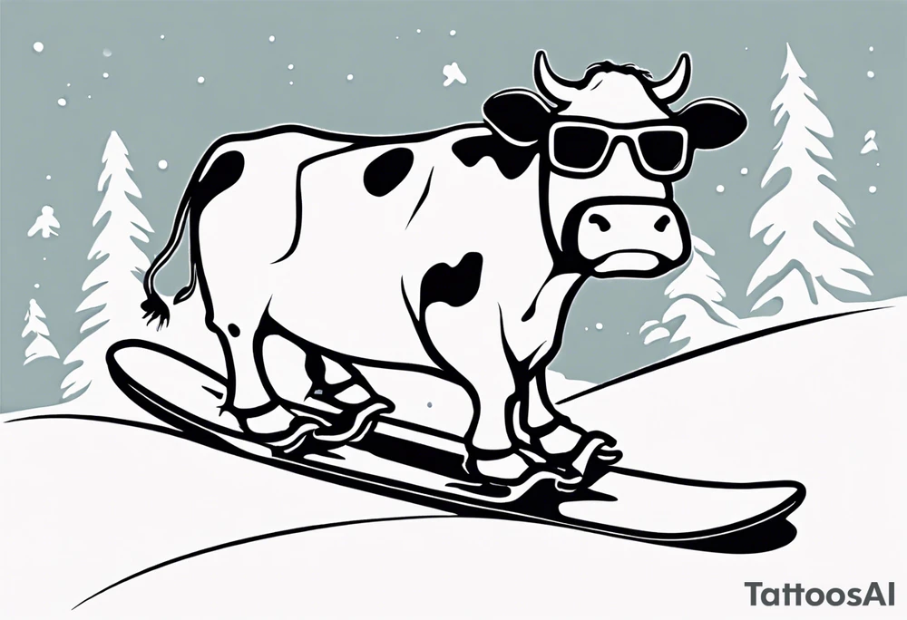 Generate a minimalist and simple black and white tattoo design featuring a joyful cow snowboarding, wearing goggles. Focus on essential lines and details to convey the playful spirit of the scene. The cow should exude confidence while effortlessly snowboarding down a snowy slope. Keep the design clean and uncluttered, suitable for a small to medium-sized tattoo space. Emphasize the charm and whimsy with the addition of goggles, ensuring the overall aesthetic remains simple and minimalistic. The goal is to create a visually appealing and easily recognizable tattoo that captures the essence of a cow enjoying a snowboarding adventure tattoo idea