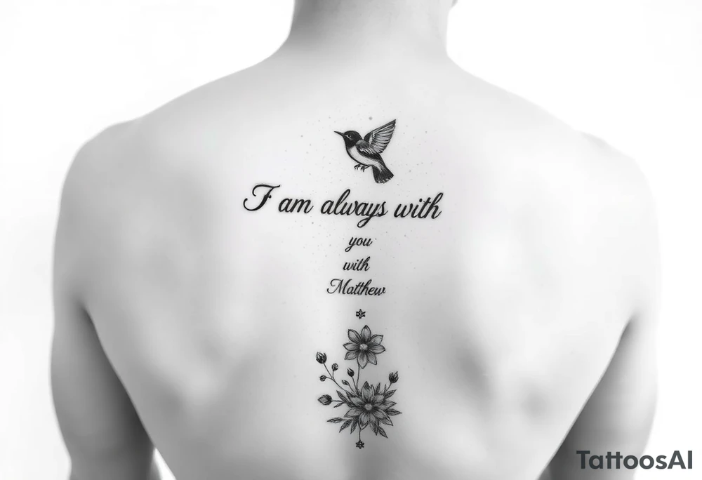 Bible verse “I am always with you Matthew 28:20” going vertical down the spine  with a dainty bird on top with small flowers on the bottom tattoo idea