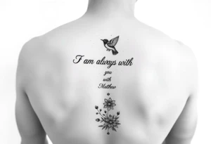 Bible verse “I am always with you Matthew 28:20” going vertical down the spine  with a dainty bird on top with small flowers on the bottom tattoo idea