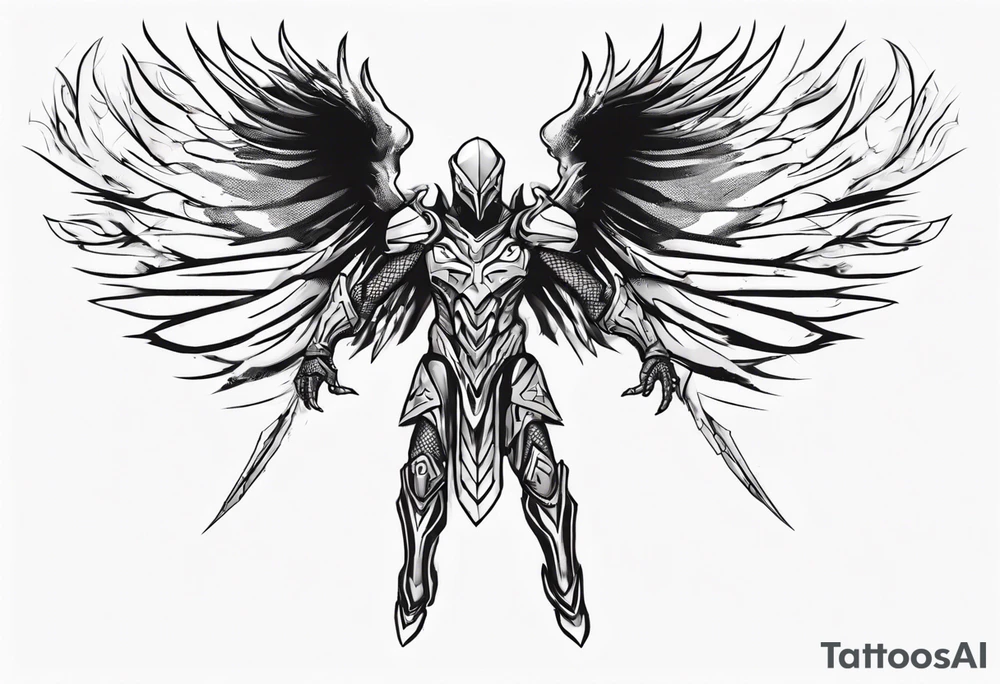 Side view of an evil angel wearing inorganic armor that is in mid-air ready to attack tattoo idea
