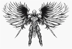 Side view of an evil angel wearing inorganic armor that is in mid-air ready to attack tattoo idea
