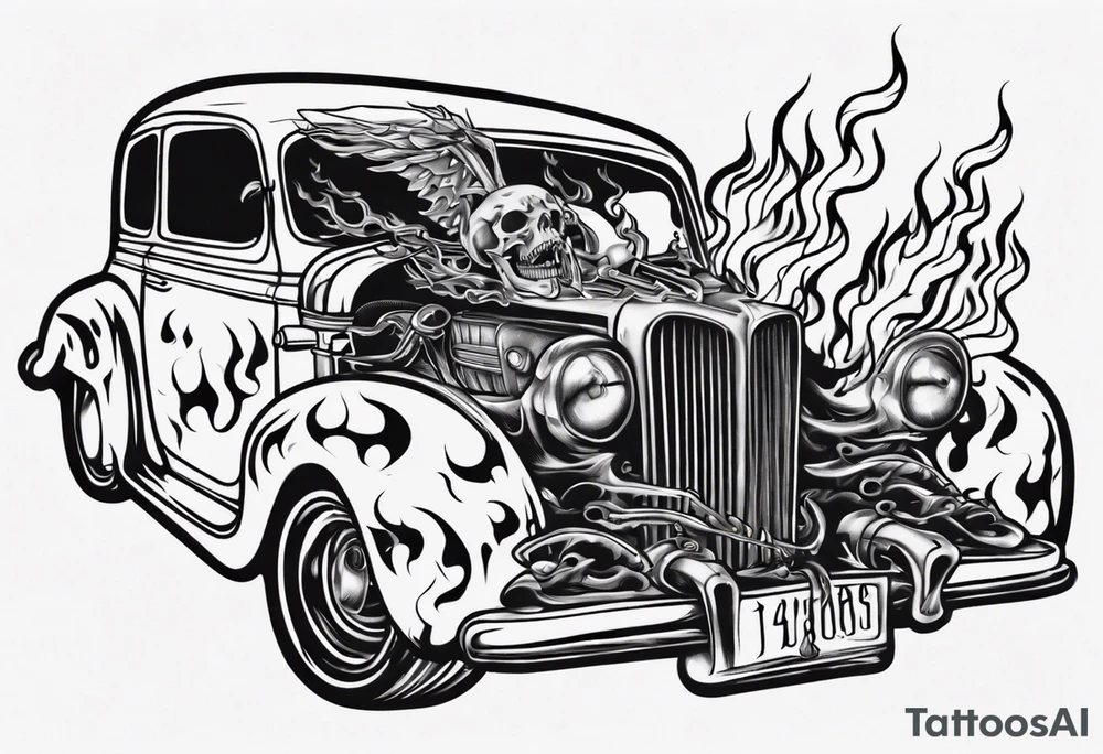 An old vintage car with flames coming out of the hood and a skeleton head at the top of the flames tattoo idea