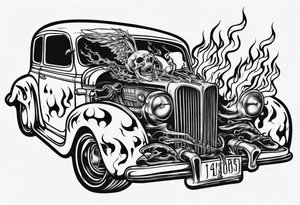 An old vintage car with flames coming out of the hood and a skeleton head at the top of the flames tattoo idea