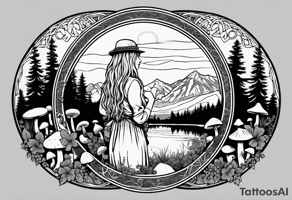 Whole picture encircled fully

Straight long blonde hair hippie girl in distance holding mushrooms in hand facing away toward mountains and creek surrounded by mushrooms long sleeve shirt and hiking pants; whole rendering within a full celtic circle border, no cut off circle tattoo idea