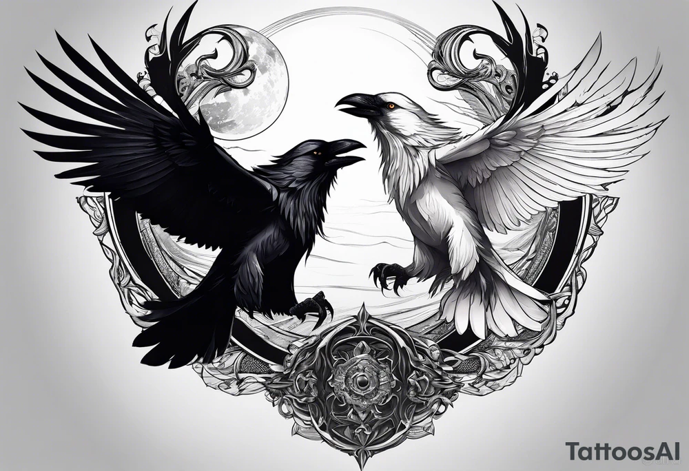 a scary black raven and white wolf facing each other tattoo idea