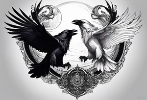 a scary black raven and white wolf facing each other tattoo idea