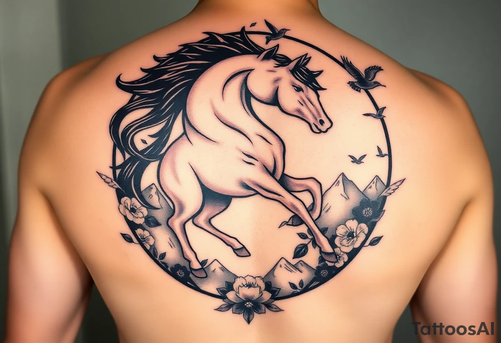 A golden mustang horse with black mane and legs, captured in motion inside a circle. The mountains and nature should frame the design, blending with the horse's black fur as a base to represent the landscape. Experiment with using the black fur to shape the mountains, playing with edges or interior details. floral ornaments and birds tattoo idea