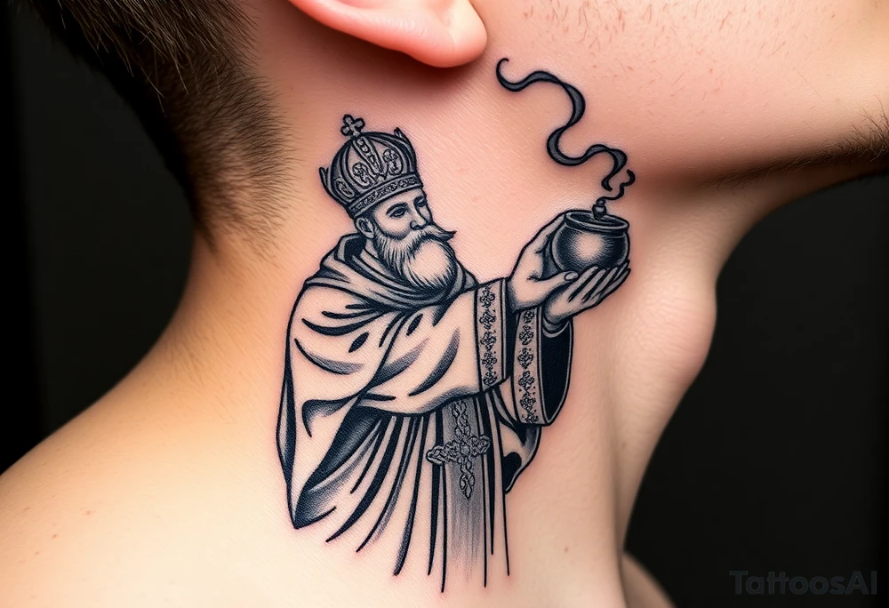 Russian Orthodox Priest in a fully detailed gold vestment swinging a censer with smoke curling upward tattoo idea