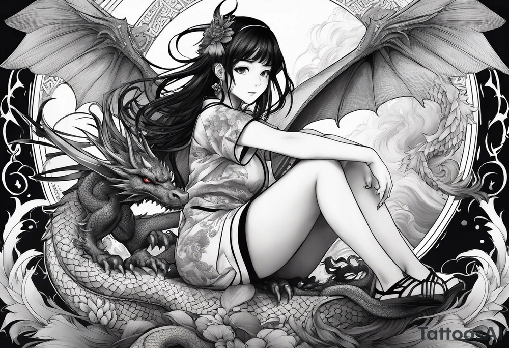 a full shot of an anime girl seen from far, sitting on a ball and surrounded by asian dragon with wings tattoo idea