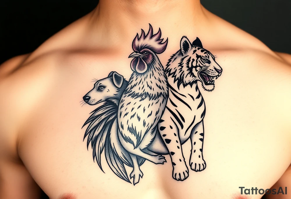chest tattoo of dog and rooster and tiger together tattoo idea