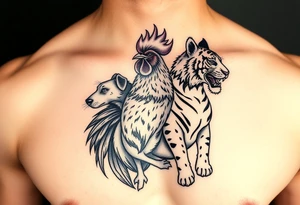 chest tattoo of dog and rooster and tiger together tattoo idea