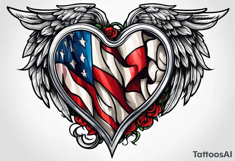 Flag inside of a heart with wings tattoo idea
