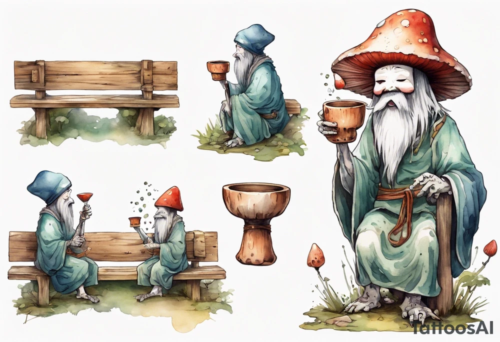 a kodama with a long beard wearing a mushroom hat and a medieval tunic drinking from a wood cup, sitting on a bench laughing tattoo idea