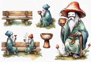 a kodama with a long beard wearing a mushroom hat and a medieval tunic drinking from a wood cup, sitting on a bench laughing tattoo idea