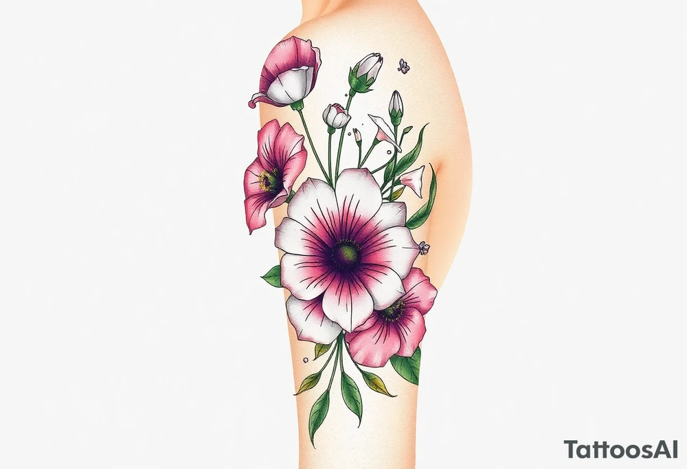 Fore arm tattoo in the neo american traditional style. I want to incorporate a few different flowers: Poppies, Morning Glory, Narcissus with green leaves in the background tattoo idea