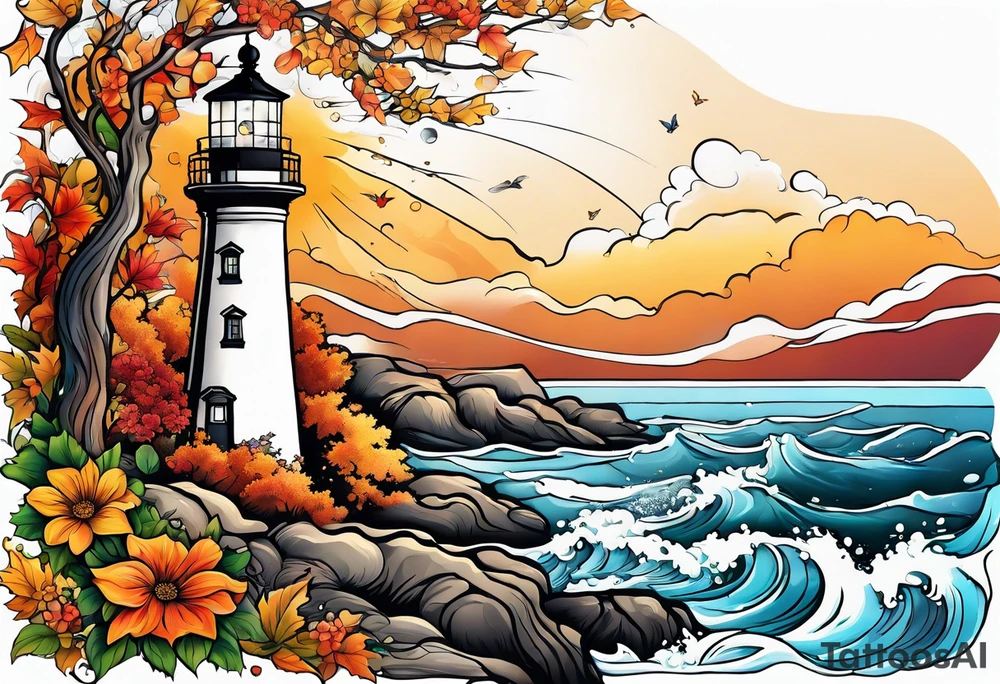 Arm sleeve with fall colors, various flowers, water flow, water splash, light house tattoo idea