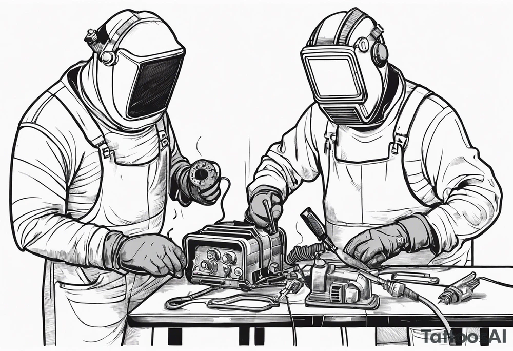 Two 60-year-old characters working together on creating a mechanism made of iron and electronic circuits. The first character is a welder, dressed in a welding suit and mask. The second character is a fitter, wearing a shirt with sleeves rolled up to the forearms and a tool belt. The mechanism they are working on should be in the center of the drawing, with the characters positioned on either side of the mechanism. The sketch should convey a sense of teamwork and craftsmanship tattoo idea
