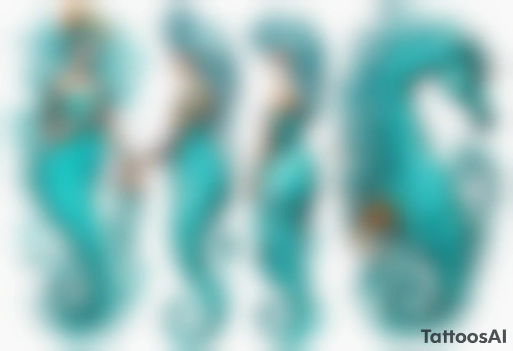 a tall woman made of water with turquoise hair riding a seahorse tattoo idea