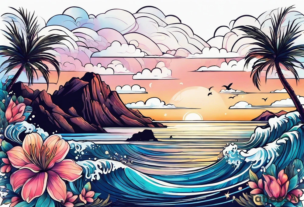 sea,, night, flower, palm, tattoo idea