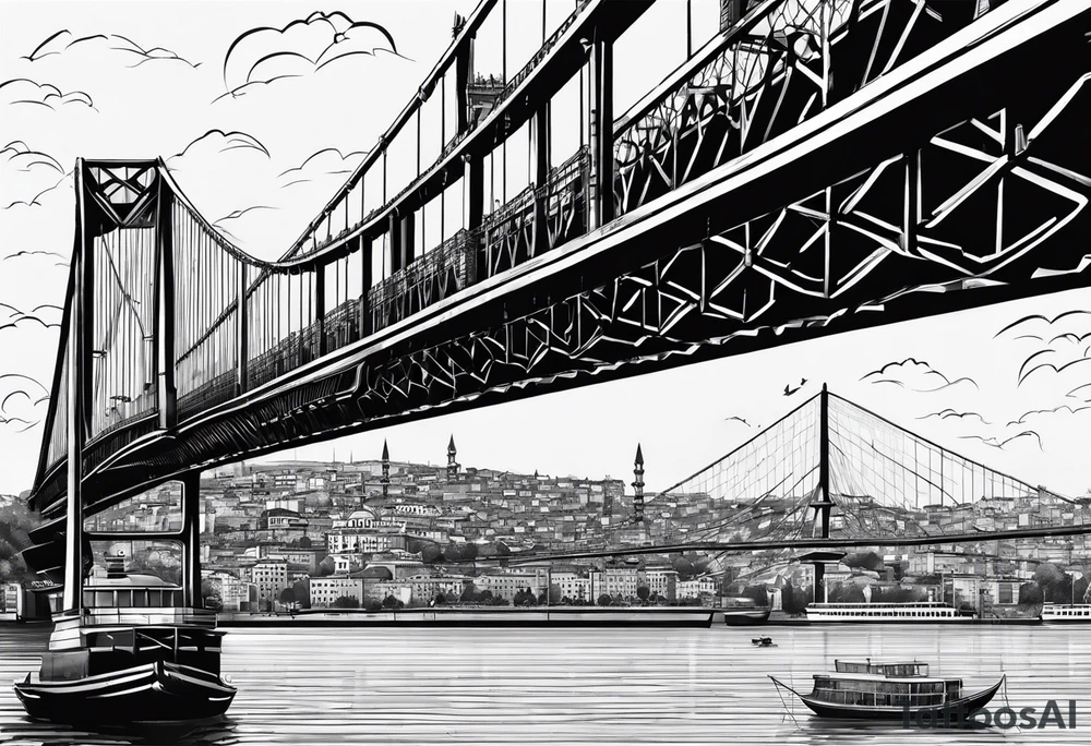 Istanbul bridge with blue details and behind them a big yellow canary tattoo idea