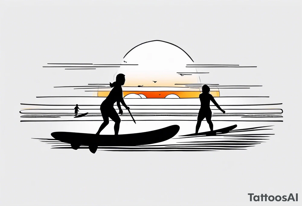 Black and white Line work tattoo depicting a father surfing in the sunset, and sharing his surfboard with his two daughters.  The sunset and horizon have musical notes. tattoo idea