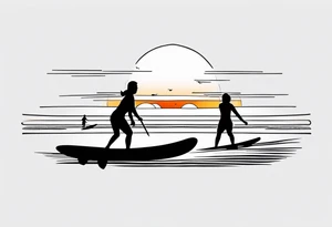 Black and white Line work tattoo depicting a father surfing in the sunset, and sharing his surfboard with his two daughters.  The sunset and horizon have musical notes. tattoo idea