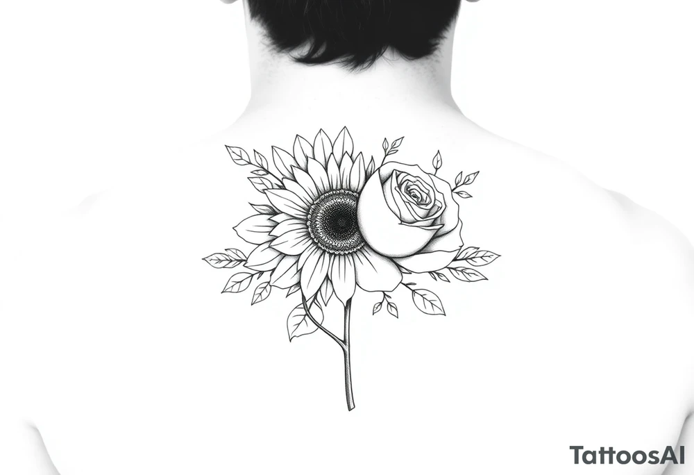 "Hand-drawn tattoo-style illustration of a single symmetrical flower composed of a sunflower on the left half and a rose on the right half, split perfectly down the middle. Surrounding the flower is delicate, symmetrical greenery and leaves. The overall style is simplistic, clean, and in greyscale line art, suitable for a tattoo design. Minimalist and elegant, with fine lines and no shading or color." tattoo idea