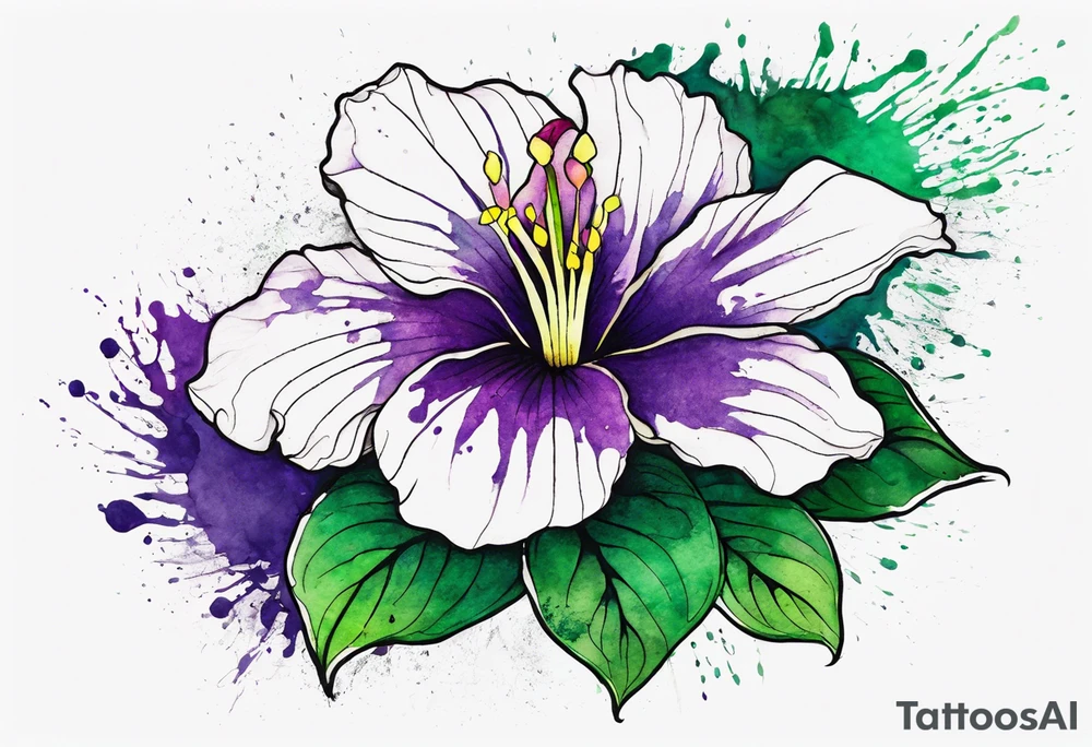 A mystical outline of a rio dipladenia flower and a green/purple watercolor splatter in the background tattoo idea
