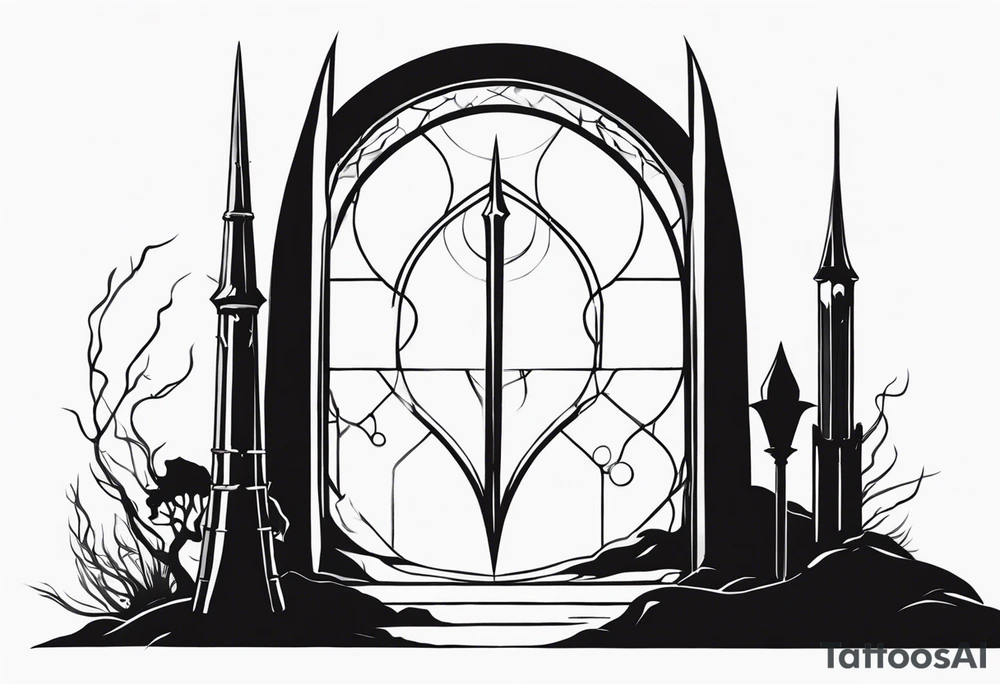 Lord of the rings. Small and very simple. Include Round hobbit door, gandalfs staff, barad dur silhouette in background, Harry Potter wands tattoo idea