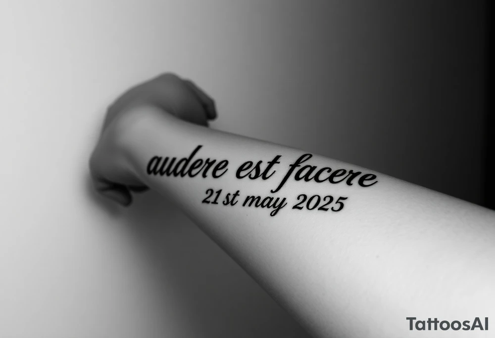 Do a tattoo on a guys forearm with the text ”audere est facere” and ” 21 st may 2025 ” under the text and make it in a curved line tattoo idea