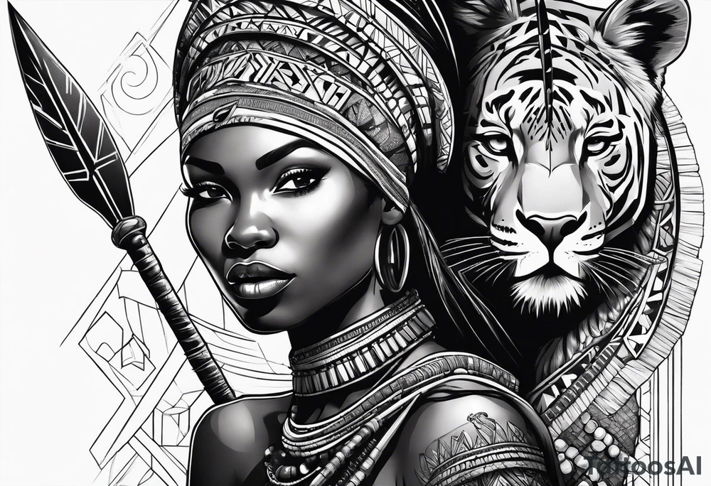 African woman warrior with tribe marks holding a spear with animals in background tattoo idea