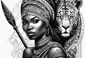 African woman warrior with tribe marks holding a spear with animals in background tattoo idea