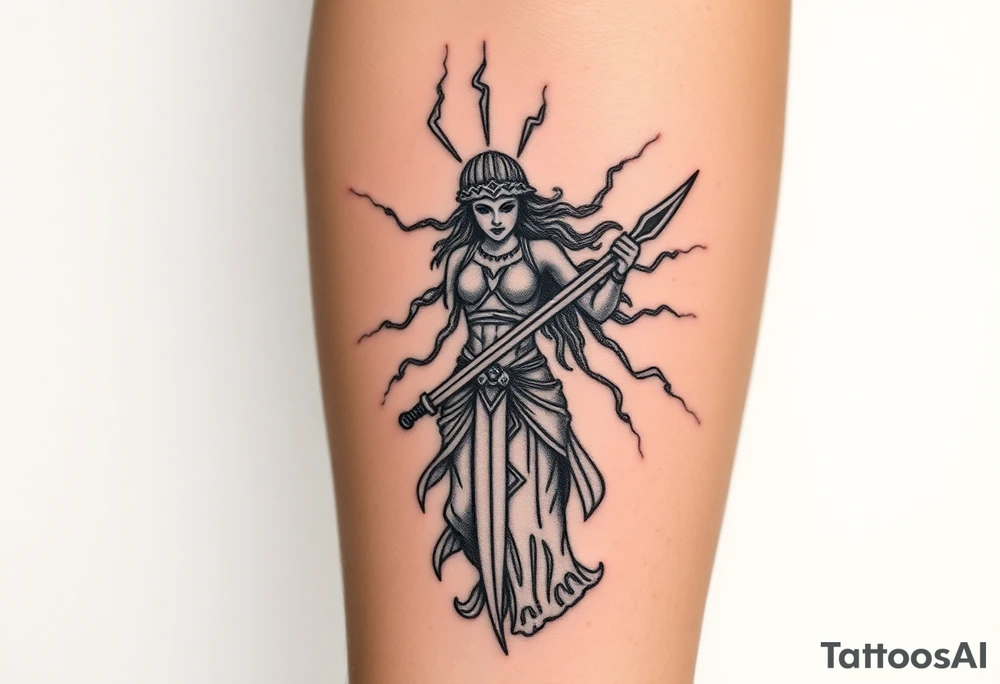 Greek goddess warrior with long dagger and realistic lighting bolts going around body Greek mythology style with dark shading tattoo idea