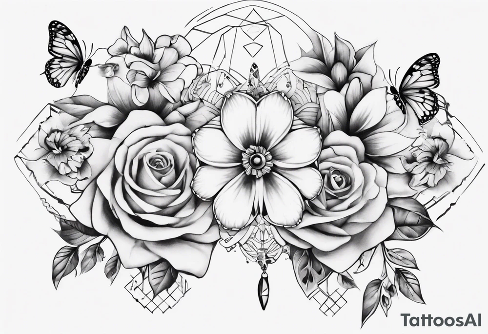 Ankle bracelet tattoo with flowers and butterflies and larger in the centre tattoo idea