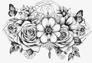 Ankle bracelet tattoo with flowers and butterflies and larger in the centre tattoo idea