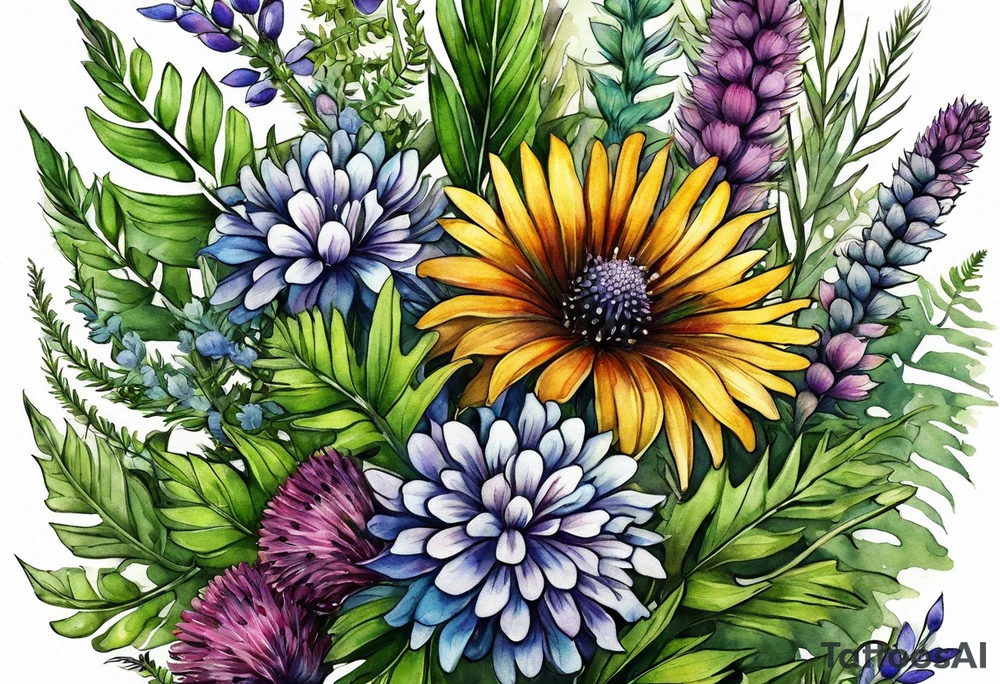 small vertical mixed wildflower bouquet with ferns, thistle and with watercolor tattoo idea