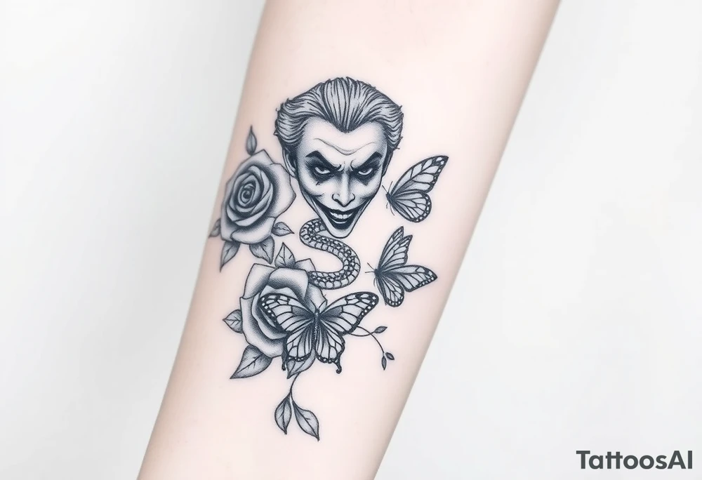 Joker tattoo with roses and a snake through the roses and money butterfly’s with filler ink tattoo idea