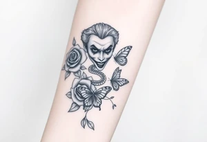 Joker tattoo with roses and a snake through the roses and money butterfly’s with filler ink tattoo idea