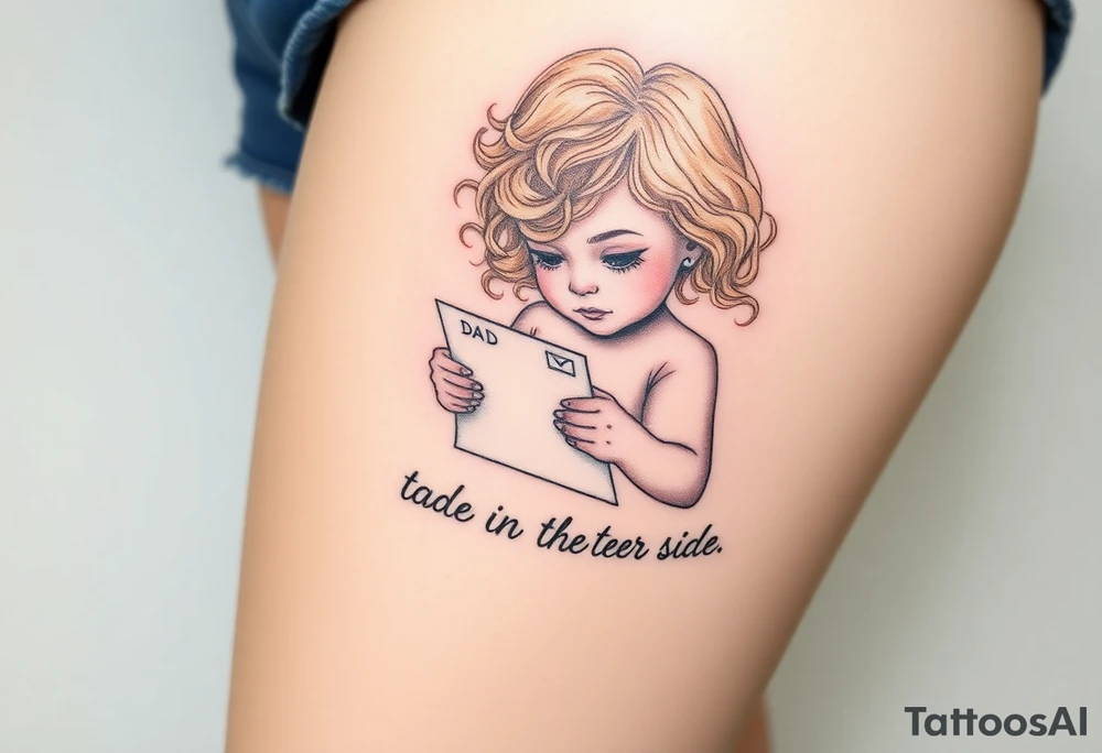 Little blond girl with curly hair mailing a letter that says to dad on the other side tattoo idea