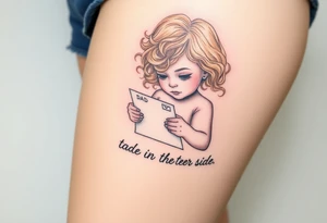 Little blond girl with curly hair mailing a letter that says to dad on the other side tattoo idea