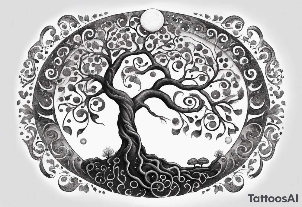 A tree reaching the sky with the roots reaching hell, having a snake around it. All based on Carl Jung ideas. tattoo idea