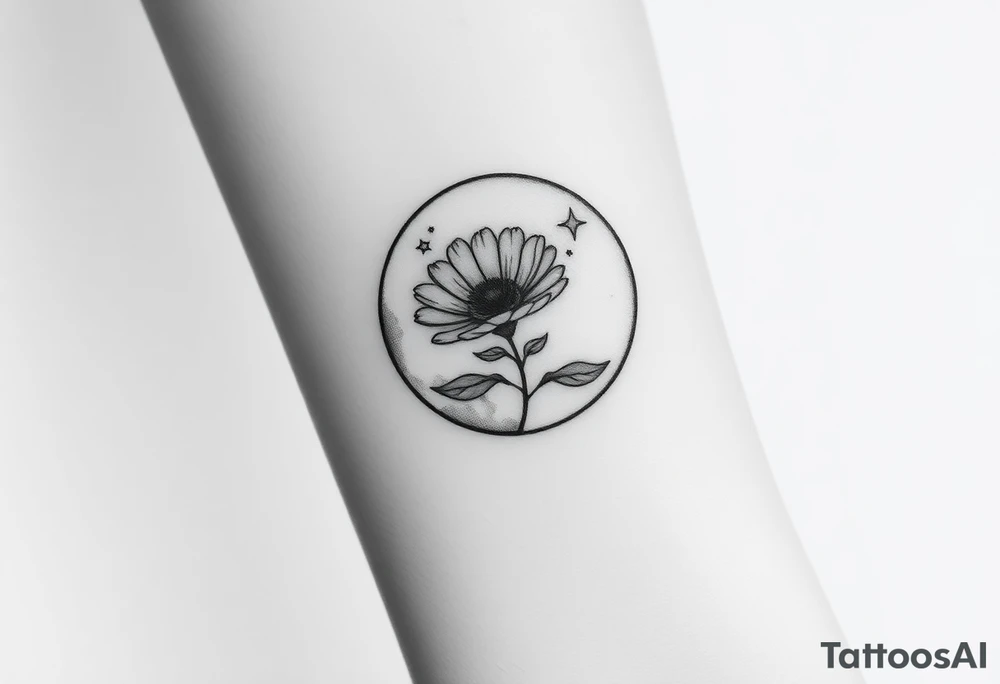 Small black and white tattoo full moon with small chrysanthemum and tiny scorpio gliph inside moon tattoo idea